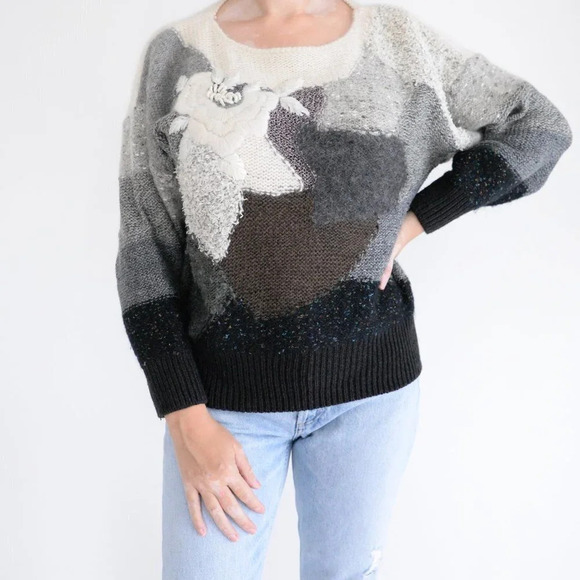 Vintage Marieal Kim Grey/White Floral Knit 8% Wool 8% Mohair Crewneck Sweater S - Picture 2 of 11